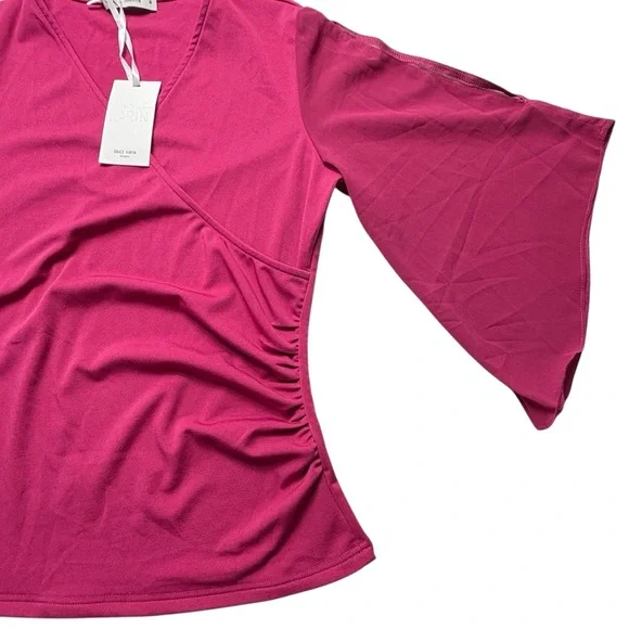 NWT GRACE KARIN Berry Pink Faux Wrap Blouse with Chiffon Split Sleeves M - Picture 5 of 12